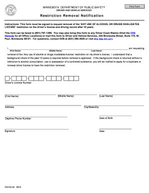 Restriction Removal Notification Form