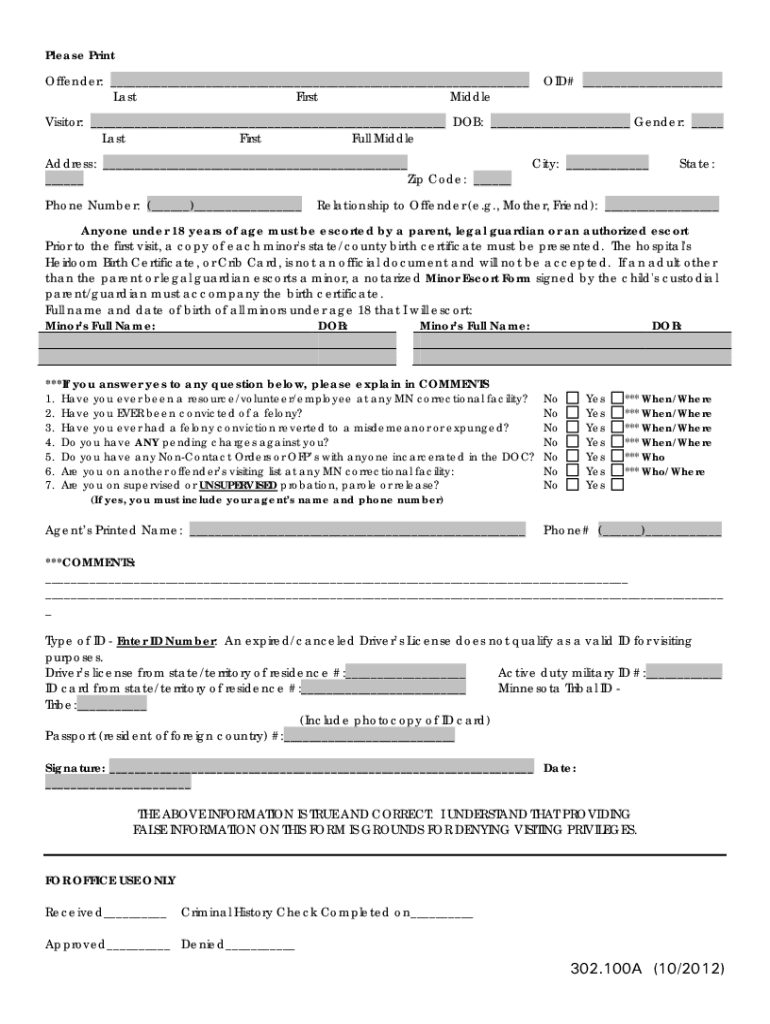  Mn DOC Visitor Application Form 2012