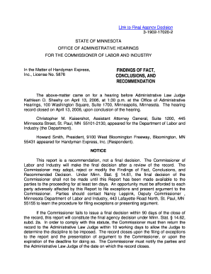 Link to Final Agency Decision 3 1902 17020 2 STATE of MINNESOTA OFFICE of ADMINISTRATIVE HEARINGS for the COMMISSIONER of LABOR Form