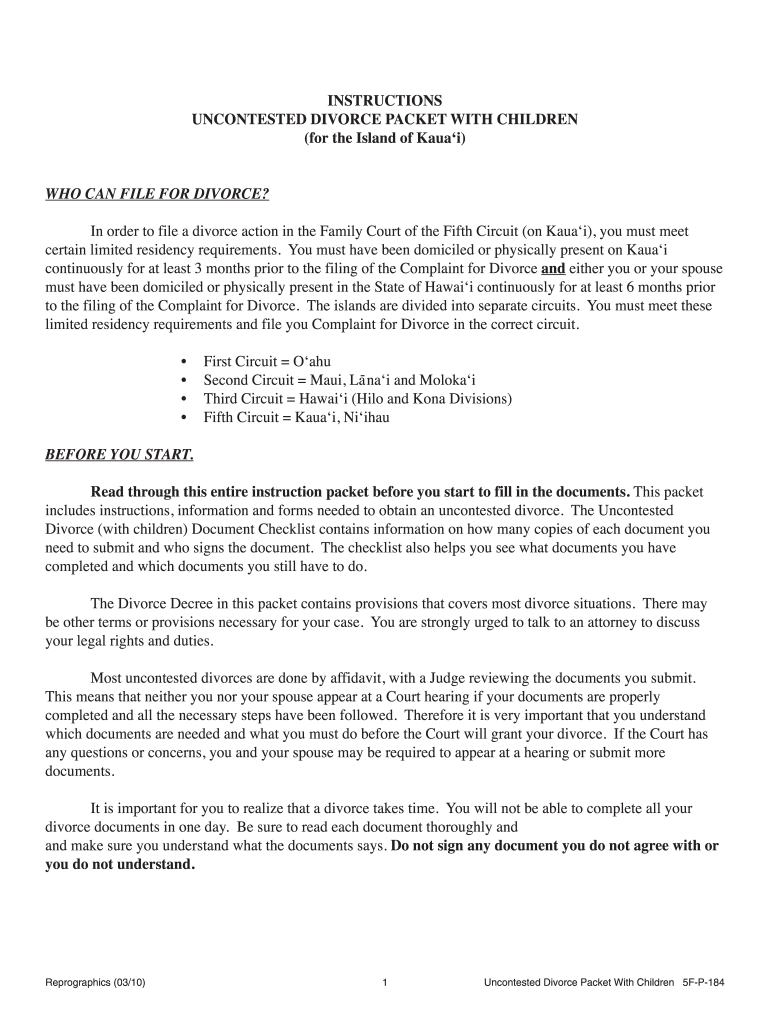  Hawaii Affidavit of Plaintiff for Uncontested Divorce 2010-2024
