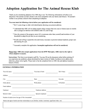 Adoption Application for the Animal Rescue Klub Animalrescueklub  Form