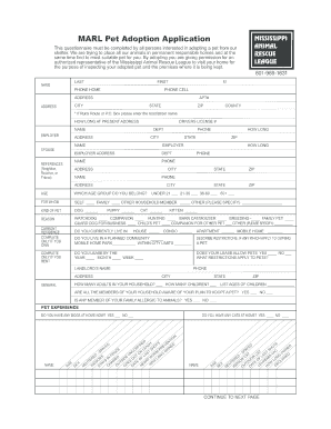 MARL Pet Adoption Application MISSISSIPPI Msarl  Form