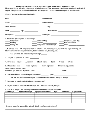 Stephen Memorial Animal Shelter Form