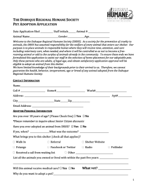 The DUBUQUE REGIONAL HUMANE SOCIETY PET ADOPTION APPLICATION Dbqhumane  Form