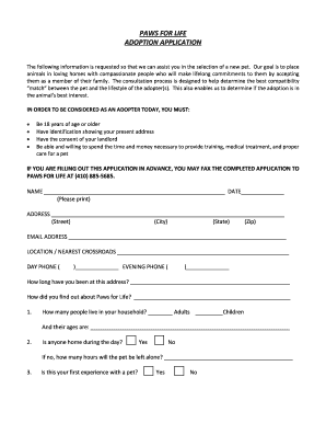 PAWS for LIFE ADOPTION APPLICATION Pawsforlife  Form