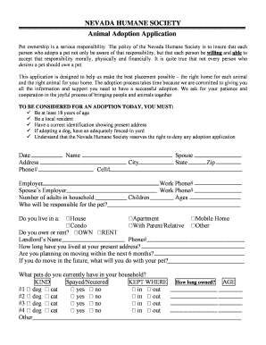 NEVADA HUMANE SOCIETY Animal Adoption Application Nevadahumanesociety  Form