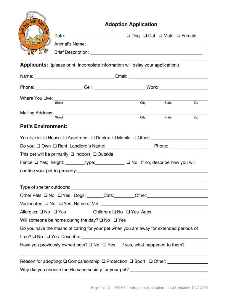 South Pacific County Humane Society Application Form