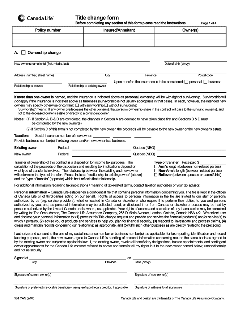  Canada Life Beneficiary Change Form 2007