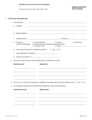 Chubb Insurance Company Mining Industry Application PDF Fillable Form