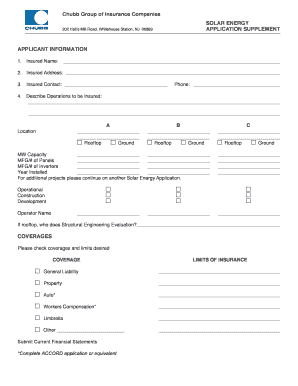 Chubb Application Form of Solar Energy Industry