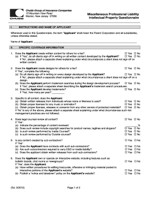 Miscellaneous Professional Liability Intellectual Property Questionnaire  Form