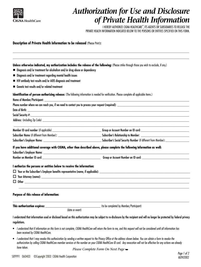 Cigna HIPAA Release Form
