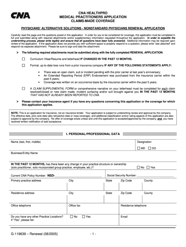 Cna Healthpro Medical Practitioners Application Claims Made Coverage Form