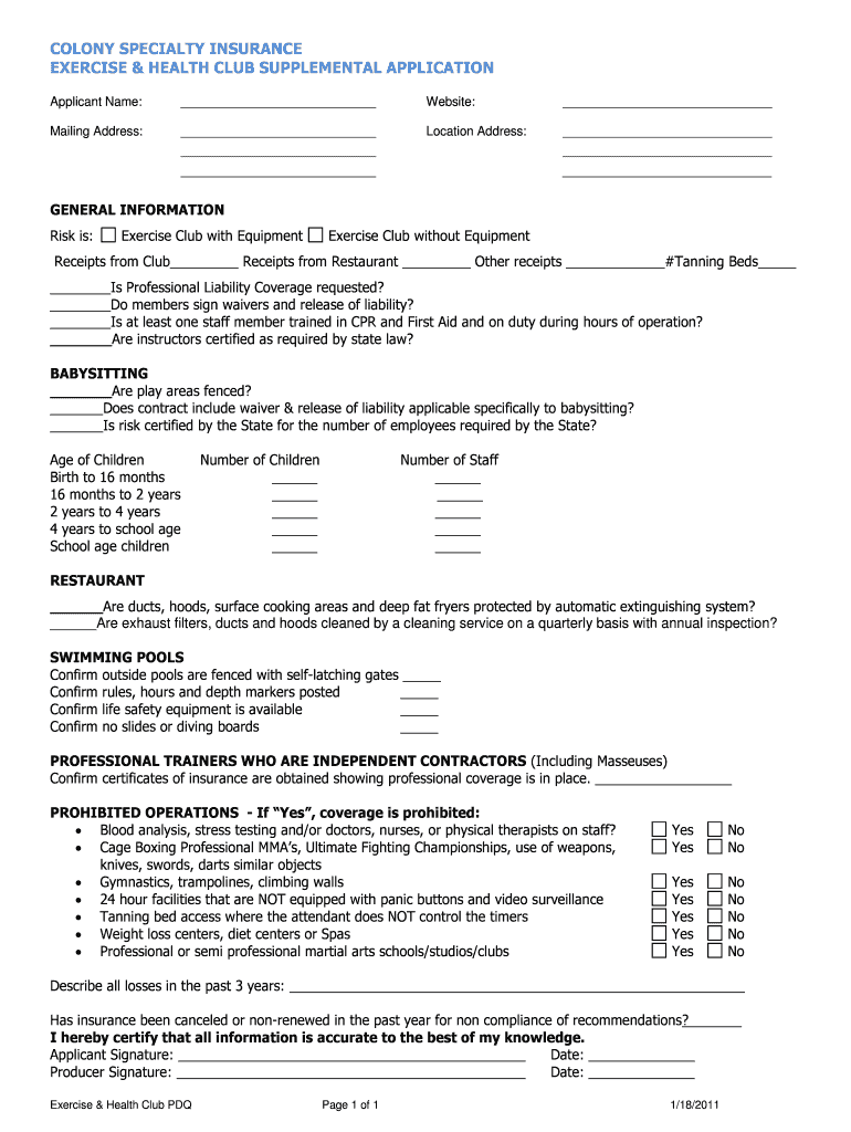 COLONY SPECIALTY INSURANCE EXERCISE & HEALTH CLUB  Form