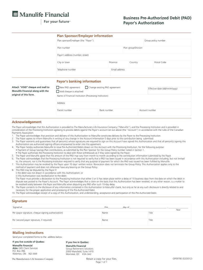 Business Pre Authorized Debit PAD Payor&#39;s Authorization  Form