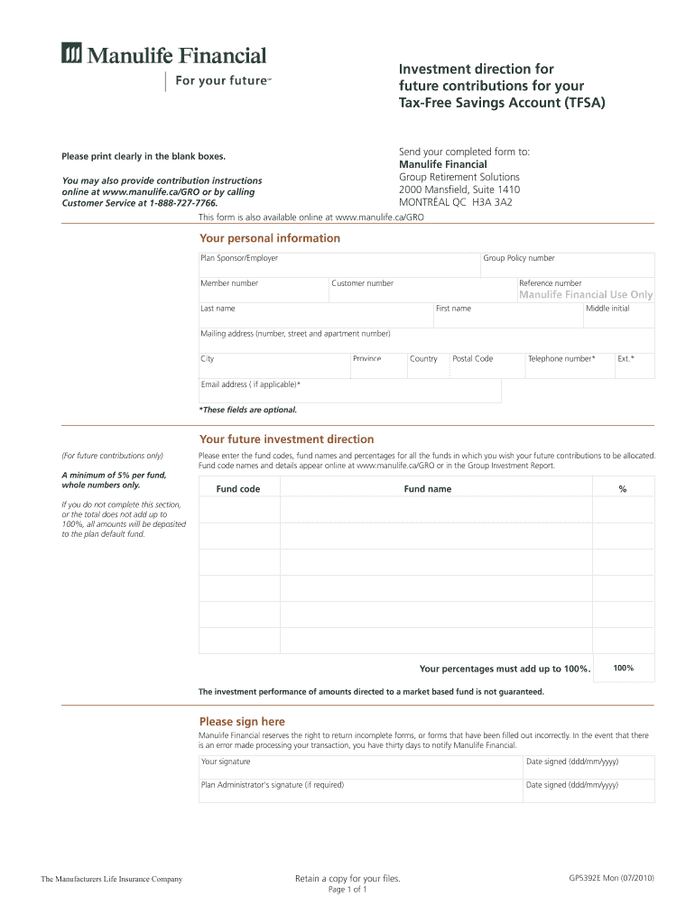 GPXXXXEM TFSA Investment Direction Form Manulife Financial