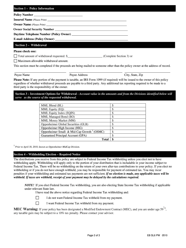 Large Case Variable Life Plus SL6 Withdrawal Request Form