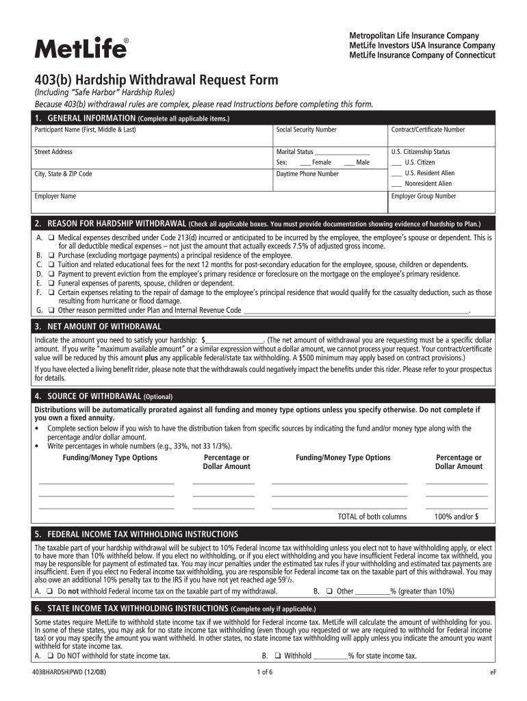 Get and Sign Metlife Hardship 2008-2022 Form