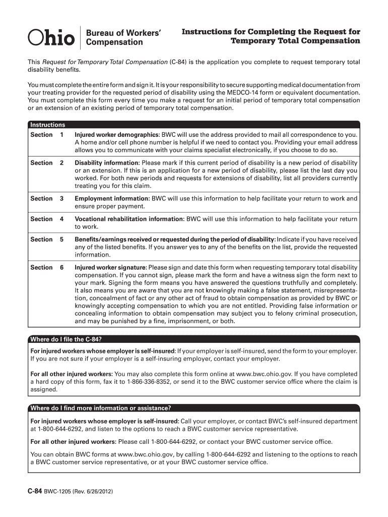  Ohio Bwc Form C84 2012