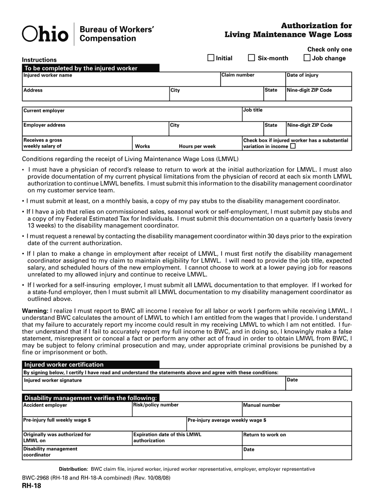 Authorization for Living Maintenance Wage Loss  OhioBWC  Form