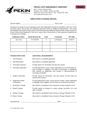 Employer&#039;s Change Notice LG118 GR Pekin Insurance  Form