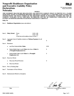 Nonprofit Healthcare Organization and Executive Liability Policy Declarations RLI Insurance Co Nebraska  Form