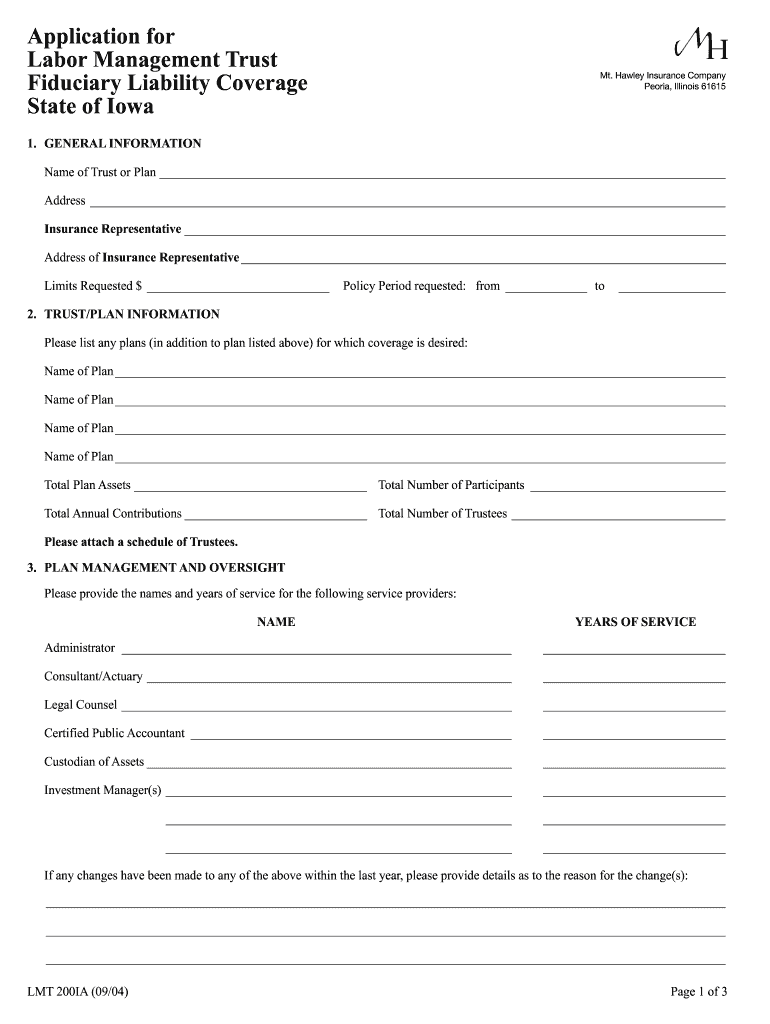 Application for Labor Management Trust Fiduciary Liability  Mt Hawley Insurance Co  Iowa LMT2000304  Form