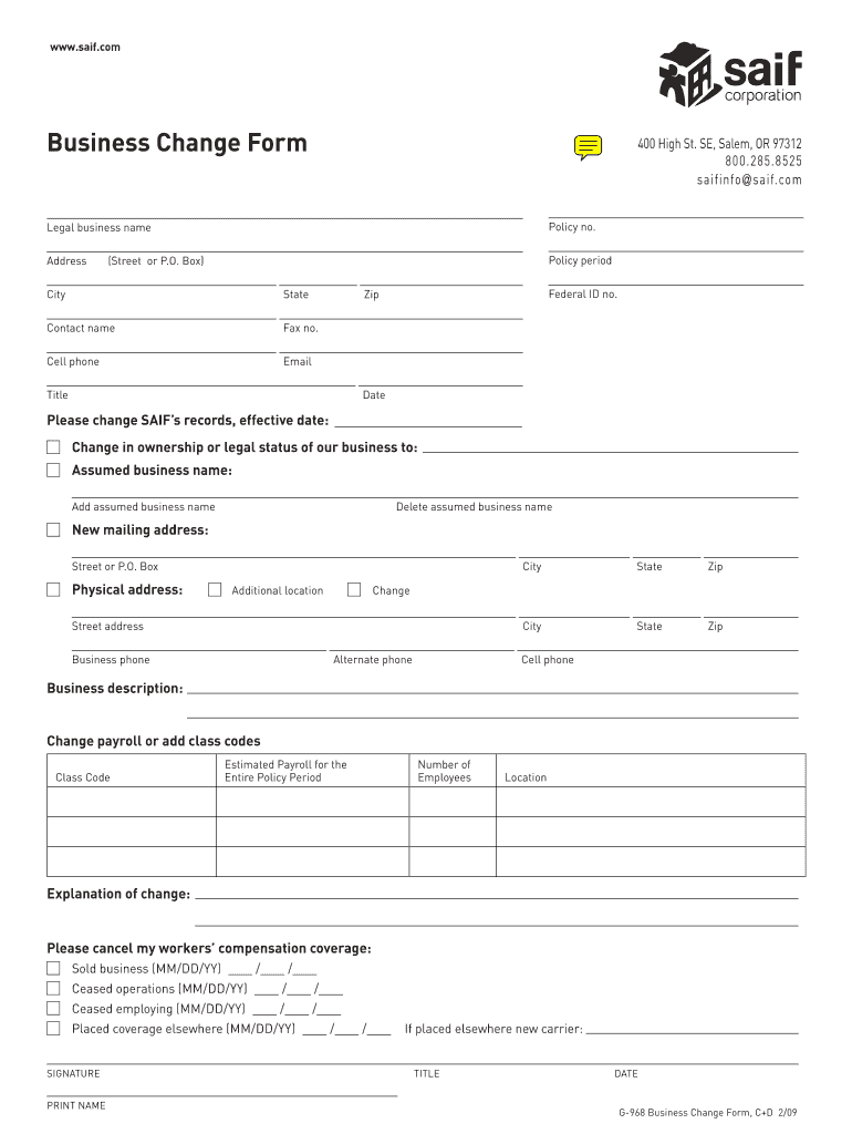 Business Change Form SAIF