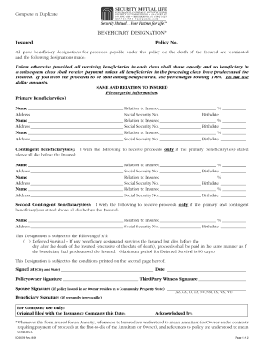  Security Mutual Life Insurance Beneficiary Form 2004-2024