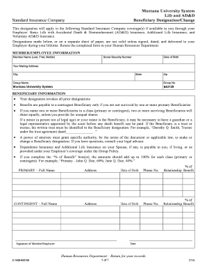 Life and AD&amp;D Beneficiary Designation and Change Form Montana University System, 1628 643129 PDF Black and White Template Fo