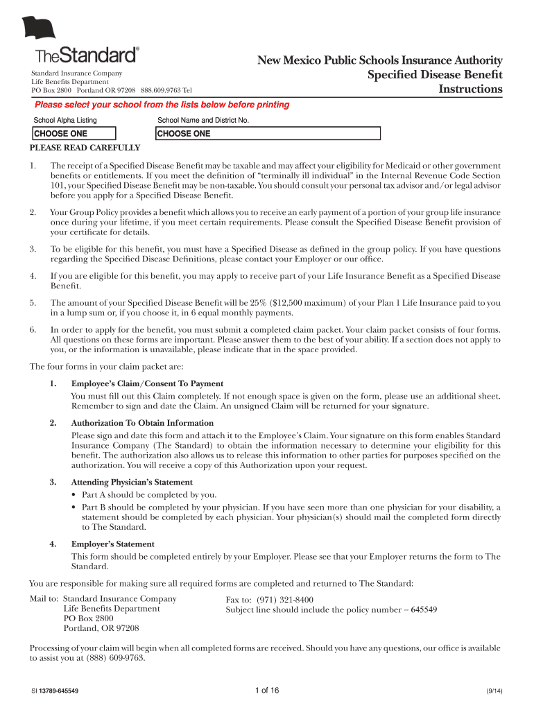 Specified Disease Benefit Packet  New Mexico Public Schools Insurance Authority, 13789645549 PDF  Form