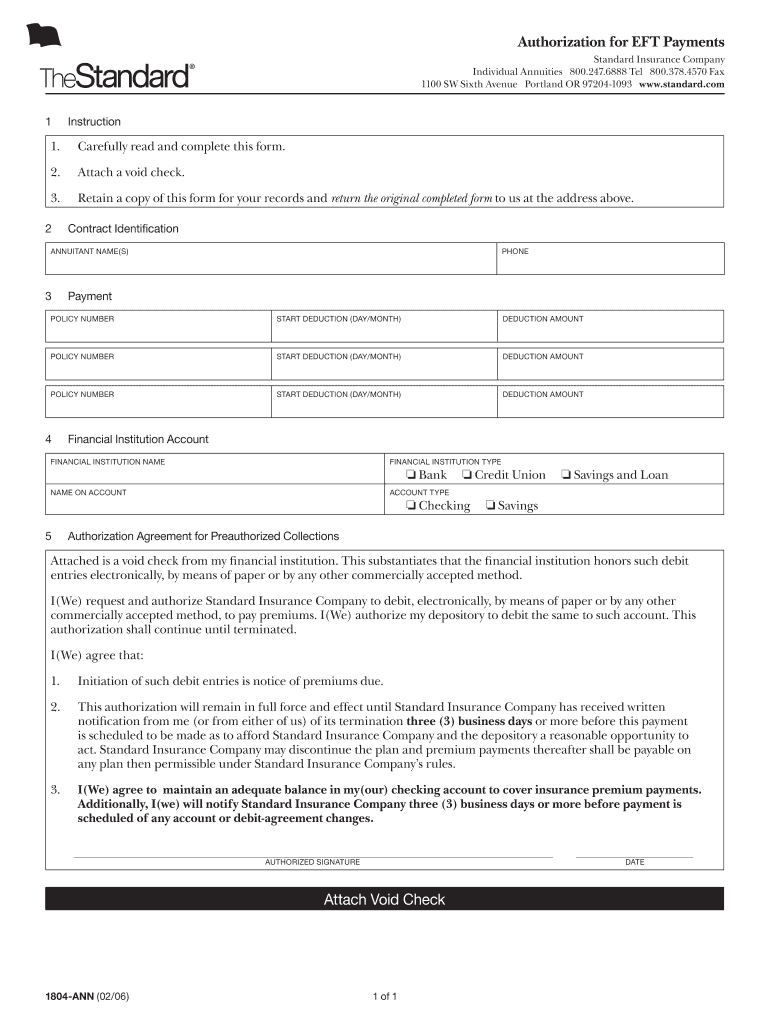 Authorization for EFT Payments Attach Void Check  the Standard  Form