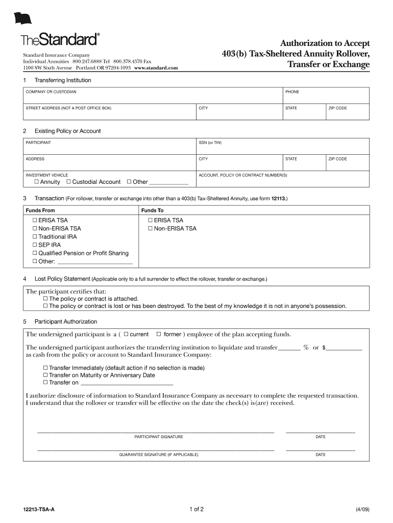 Tax Sheltered Annuity Rollover, Transfer or Exchange the Standard  Form