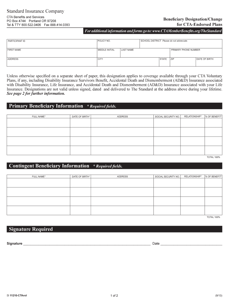 Beneficiary Designation and Change Voluntary Plan for Active Employees CTA, 11210ctavol PDF  Form