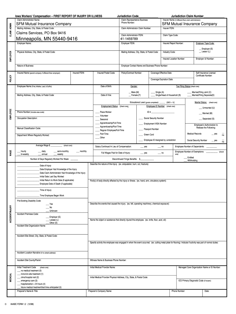 Fillable Iowa First Report of Injury  Form