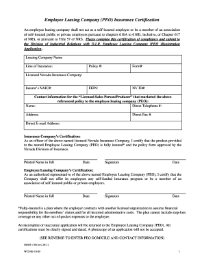 Employee Leasing Company PEO Insurance Certification Dirweb State Nv  Form