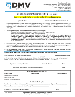  Beginning Driver Experience Log Nevada Form 2019