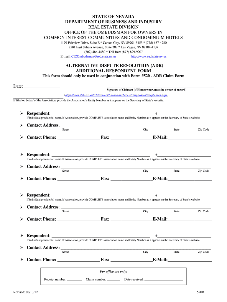 STATE of NEVADA DEPARTMENT of BUSINESS and INDUSTRY REAL ESTATE DIVISION OFFICE of the OMBUDSMAN for OWNERS in COMMON INTEREST C  Form