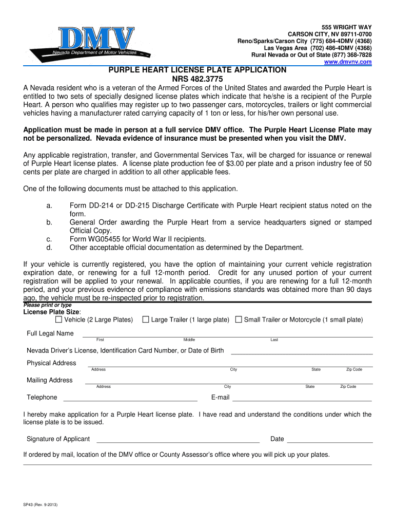 SP 43 Purple Heart License Plate Application  Nevadadmv State Nv  Form