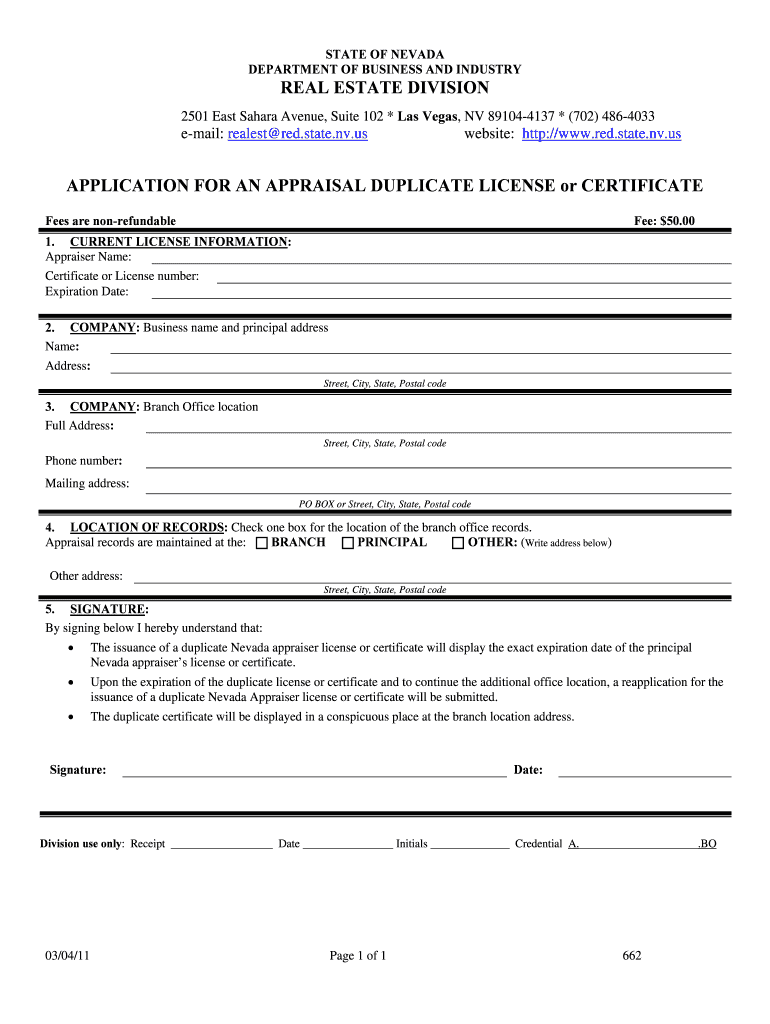 REAL ESTATE DIVISION APPLICATION for an APPRAISAL Red State Nv  Form