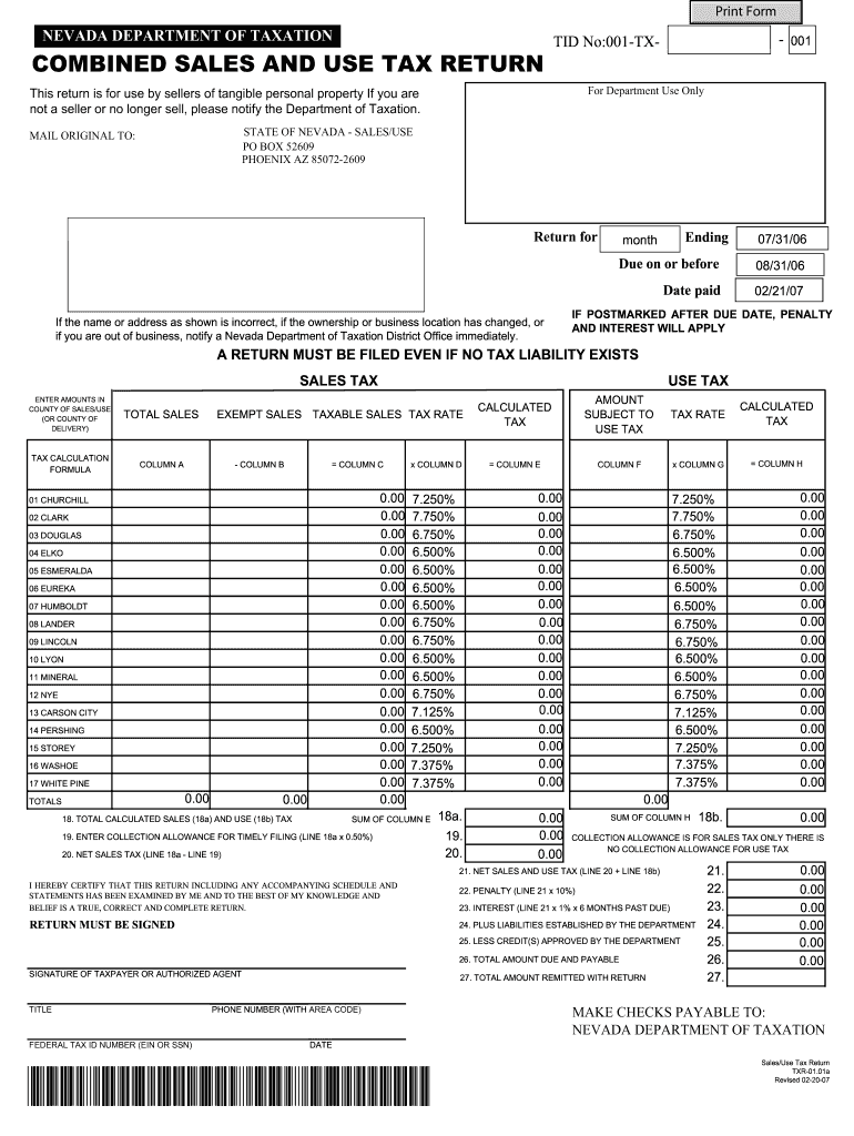  State of Nevada Tax Forms 2007