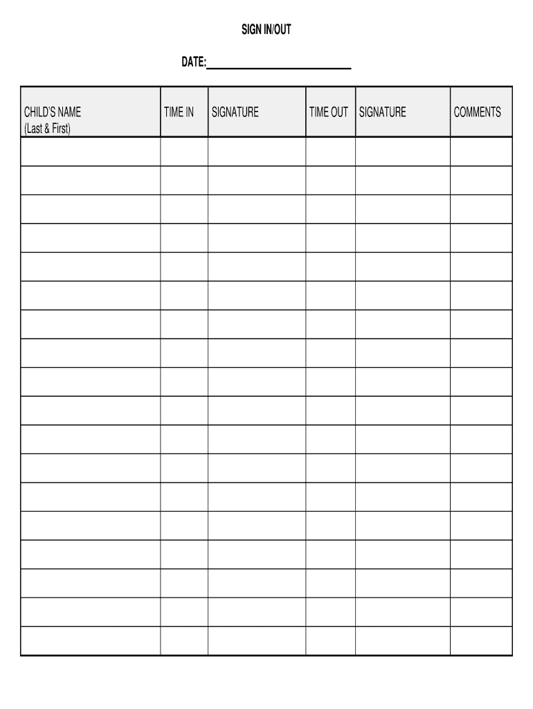 Sign in and Out Sheet  Form