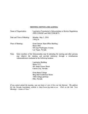 MEETING NOTICE and AGENDA Name of Organization Legislative Leg State Nv  Form