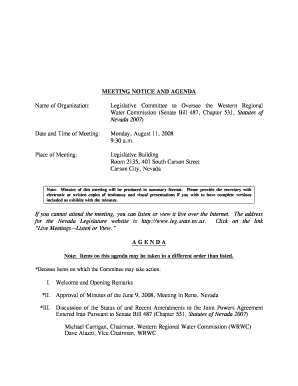 MEETING NOTICE and AGENDA Name of Organization Legislative Leg State Nv  Form