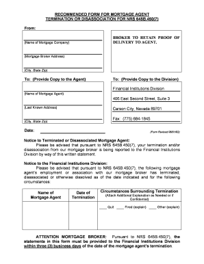RECOMMENDED FORM for MORTGAGE AGENT TERMINATION or DISASSOCIATION Fid State Nv