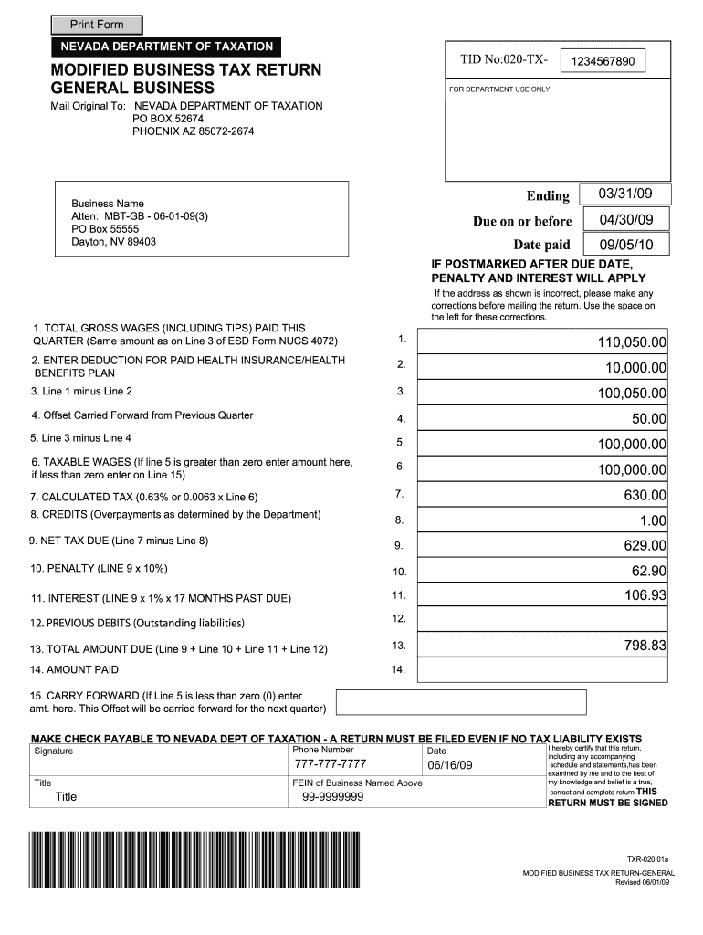  Nevada Modified Business Tax Form PDF 2009