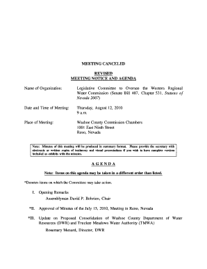 MEETING CANCELED REVISED MEETING NOTICE and AGENDA Name of Leg State Nv  Form