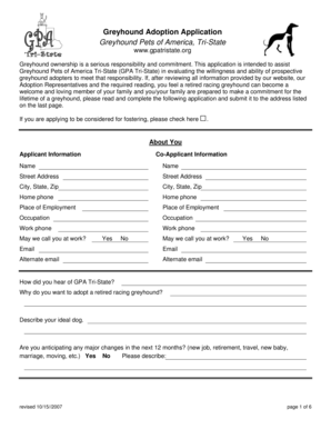 Greyhound Adoption Application Gpatristate  Form