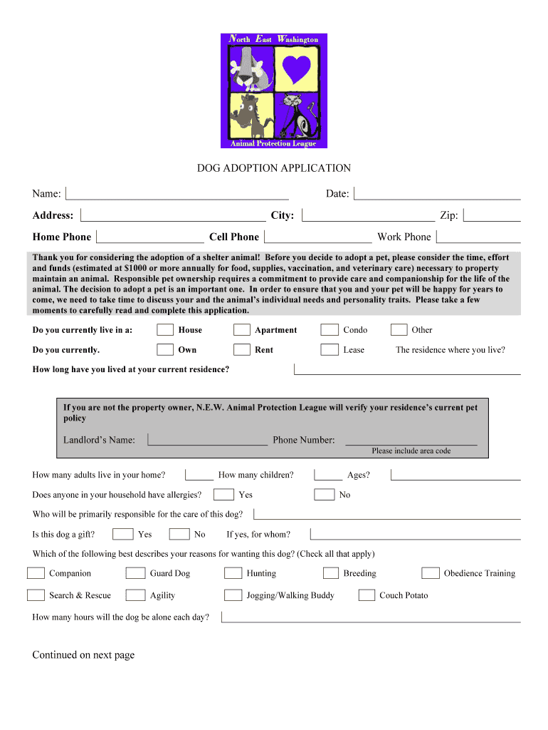 Blank Dog Adoption Application Form