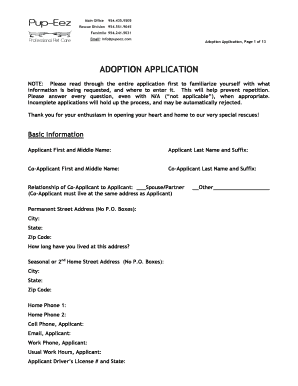 Click Here for PRINTABLE ADOPTION APPLICATION Pup Eez  Form